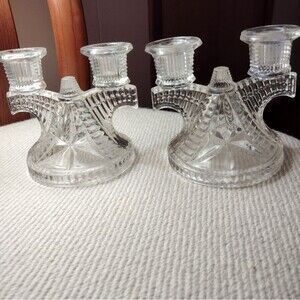 PAIR OF FEDERAL CLEAR GLASS DOUBLE CANDLESTICK WIGWAM WINDMILL CANDLEHOLDERS